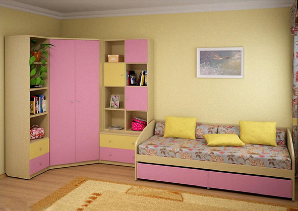 Кровать и три шакафа в детскую (розовый гарнитур) - Фото