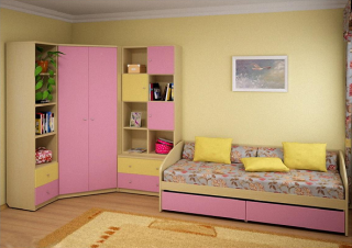 Кровать и три шакафа в детскую (розовый гарнитур)